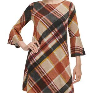 Jessica Howard Women's Plaid Print Bell Sleeve Dress ~ Burnt Orange Fall ~ XL
